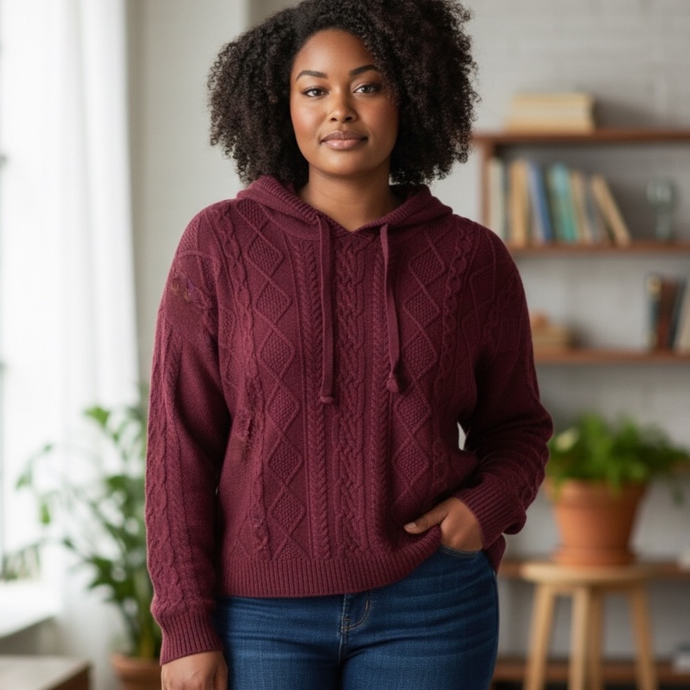 Natural‎ Reflections Sweater Burgundy Cable Knit Hooded in Size XXL  NWT